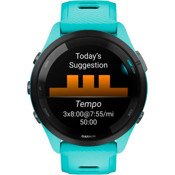 Garmin Forerunner 265 Black Bezel w. Aqua Case and Aqua/Black Silicone Band (010-02810-02/12/52)