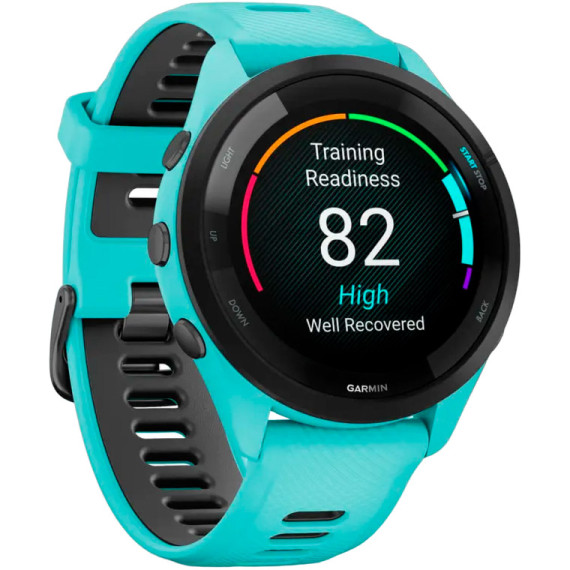 Garmin Forerunner 265 Black Bezel w. Aqua Case and Aqua/Black Silicone Band (010-02810-02/12/52)