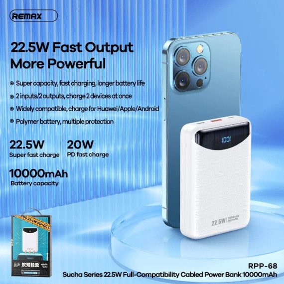 REMAX Ritry II Series 22.5W PD+QC Charging Power Bank 20000mAh RPP-68 White