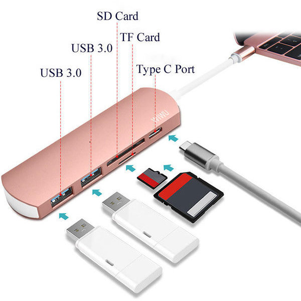 WIWU Adapter T2 Plus USB-C to USB-C+microSD+SD+2xUSB3.0 HUB Rose Gold - ITMag
