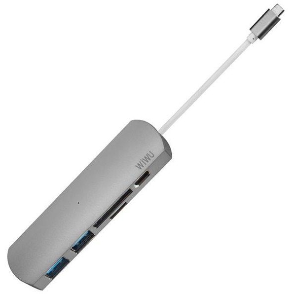 WIWU Adapter T2 Plus USB-C to USB-C+microSD+SD+2xUSB3.0 HUB Gray (6957815504404) - ITMag