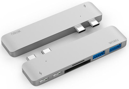 WIWU Adapter H2 USB-C to Dual USB-C+SD+microSD+2xUSB3.0 HUB Silver (6957815504688) - ITMag