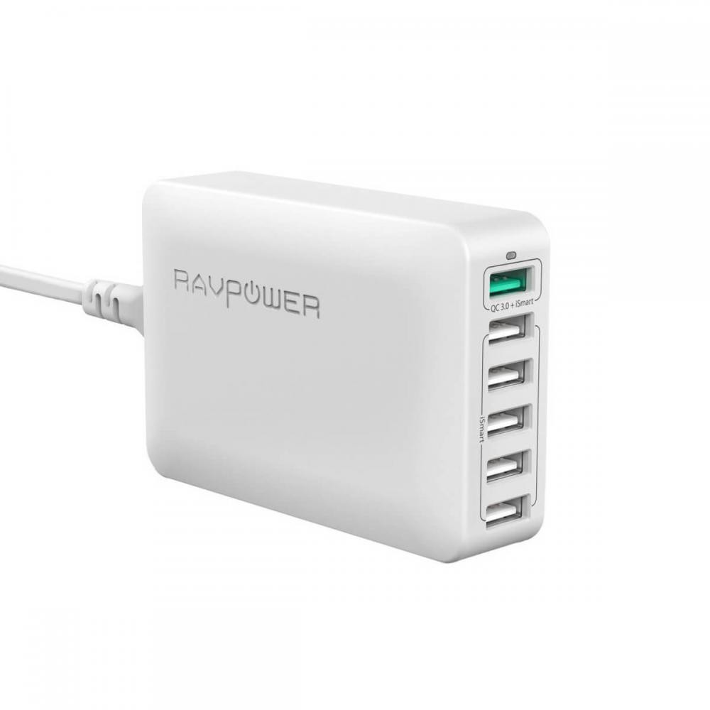 Зарядное устройство RAVPower Qualcomm Quick Charge 3.0 60W 12A 6-Port USB Charging Station with iSmart Technology White (RP-PC029) - ITMag