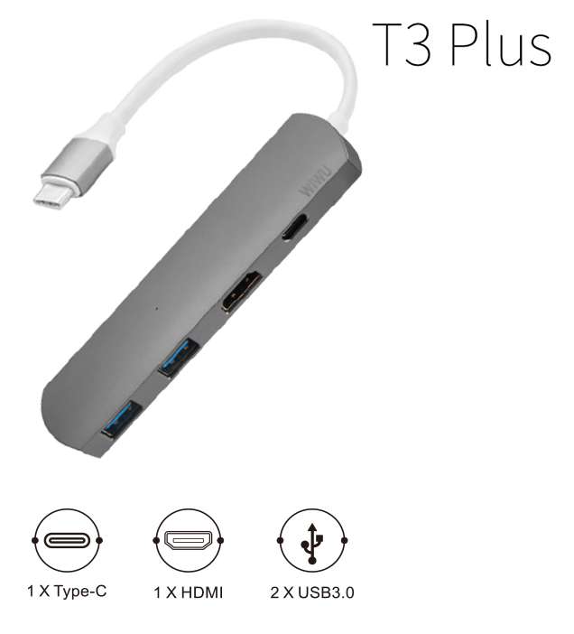 WIWU Adapter T3 Plus USB-C to USB-C+HDMI+2xUSB3.0 HUB Gray (6957815504589) - ITMag
