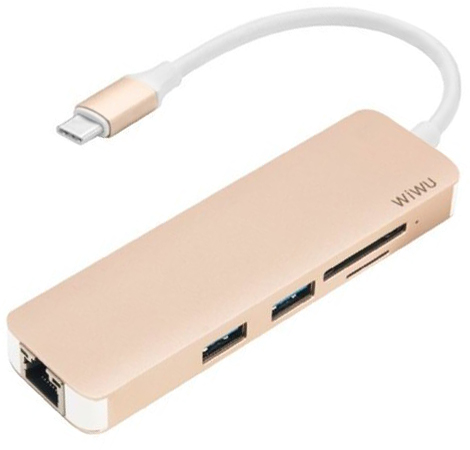WIWU Adapter T4 USB-C to USB-C+RJ45+SD+2xUSB3.0 HUB Gold - ITMag