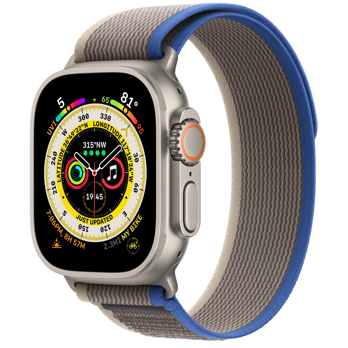 Apple Watch Ultra GPS + Cellular 49mm Titanium Case with Blue/Gray Trail Loop - S/M (MNHE3/MNHL3) - ITMag