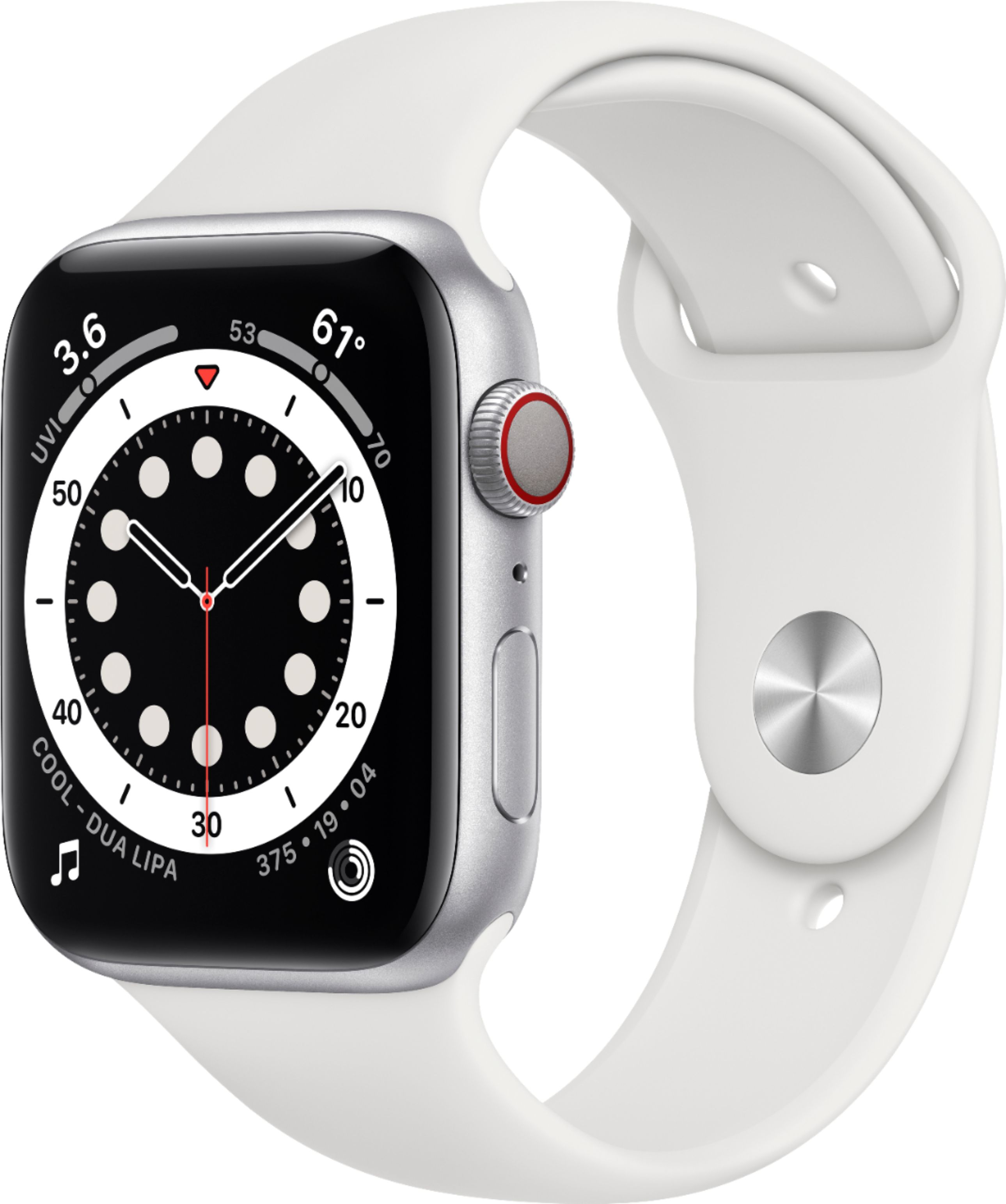 

Apple Watch Series 6 GPS + Cellular 44mm Silver Aluminum Case w. White Sport B. (M07F3)