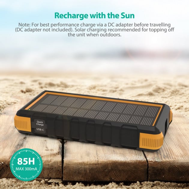 RAVPower Solar Charger 25000mAh Power Bank Outdoor, Shock, Dust and Waterproof Orange/Black (RP-PB092) - ITMag