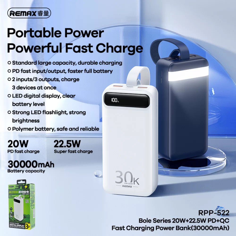 REMAX Bole Series 20W+22.5W PD+QC Fast Charging Power Bank 30000mAh White (RPP-522) - ITMag