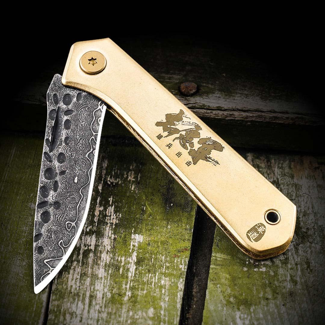 Нож Xiaomi HX Outdoors Brass Folding Knife Damascus Grained Steel Gold (6926912665165) - ITMag
