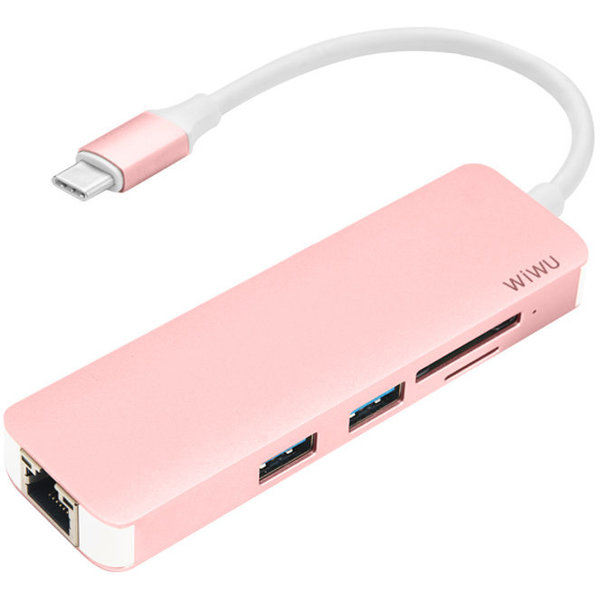 WIWU Adapter T4 USB-C to USB-C+RJ45+SD+2xUSB3.0 HUB Rose Gold (96957815504831) - ITMag