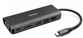 WIWU Adapter H1 Plus USB-C to USB-C+RJ45+HDMI+SD+3xUSB3.0 HUB Gray (6957815504312) - ITMag