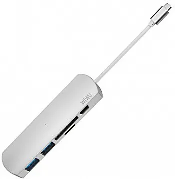 WIWU Adapter T2 Plus USB-C to USB-C+microSD+SD+2xUSB3.0 HUB Silver (6957815504497) - ITMag