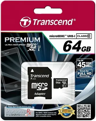 карта памяти Transcend 64 GB microSDXC UHS-I Premium + SD Adapter TS64GUSDU1 - ITMag