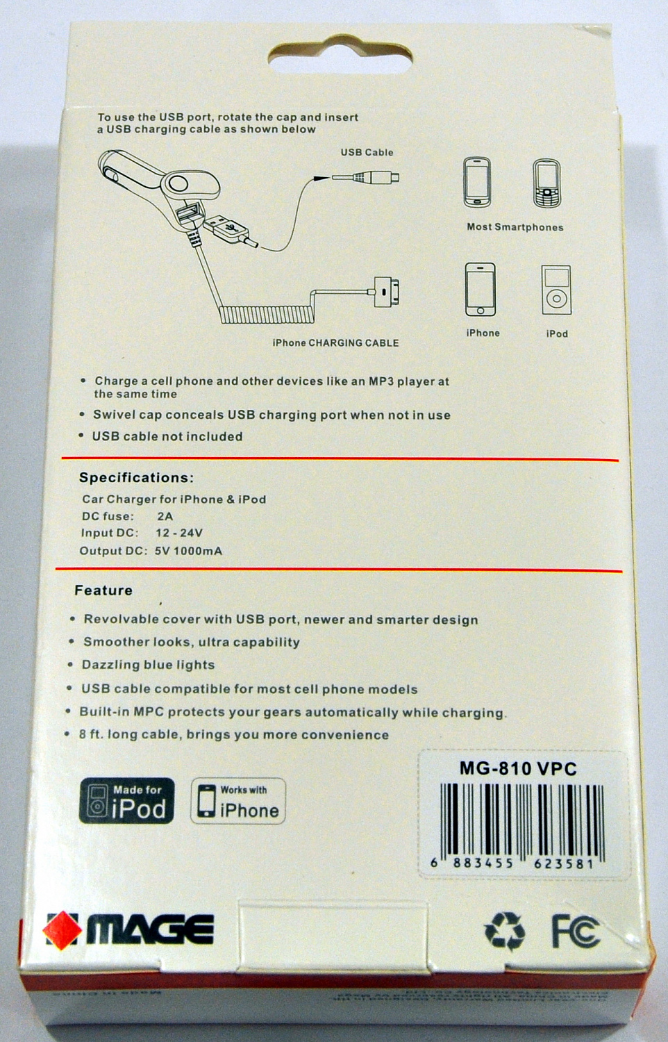 Автомобильное зарядное устройство MAGE для Apple iPhone, iPod, iPad, BlackBerry, HTC, Motorola, Sams - ITMag