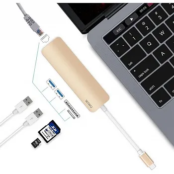 WIWU Adapter T4 USB-C to USB-C+RJ45+SD+2xUSB3.0 HUB Gray (6957815504817) - ITMag