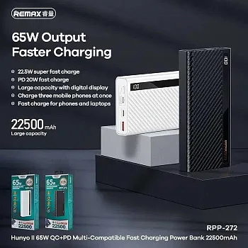 REMAX Hunyo II PD 65W + QC 22.5W Multi-Compatible Fast Charging Power Bank 22500mAh RPP-272 Black - ITMag